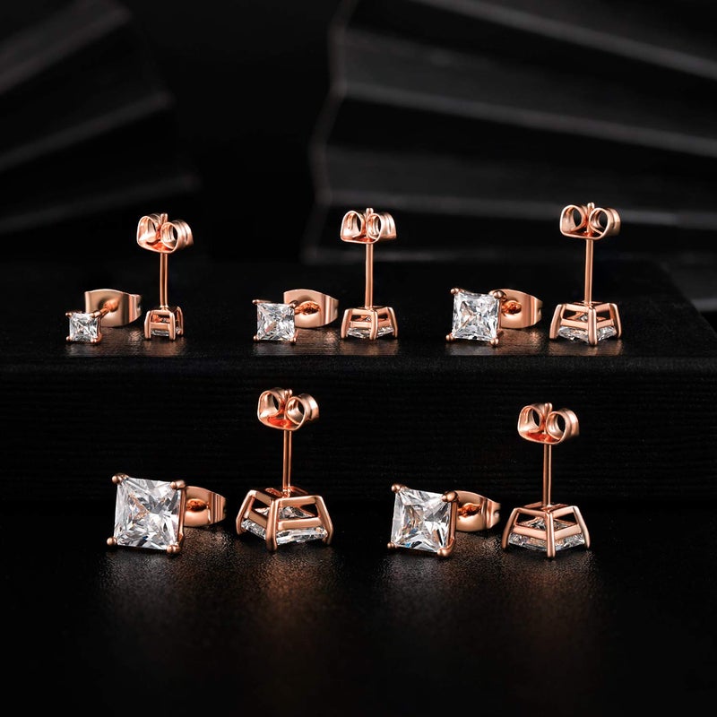MDFUN 18K Rose Gold Plated Princess Cut Square Clear Cubic Zirconia Stud Earring Pack of 5 Pairs - Image 3